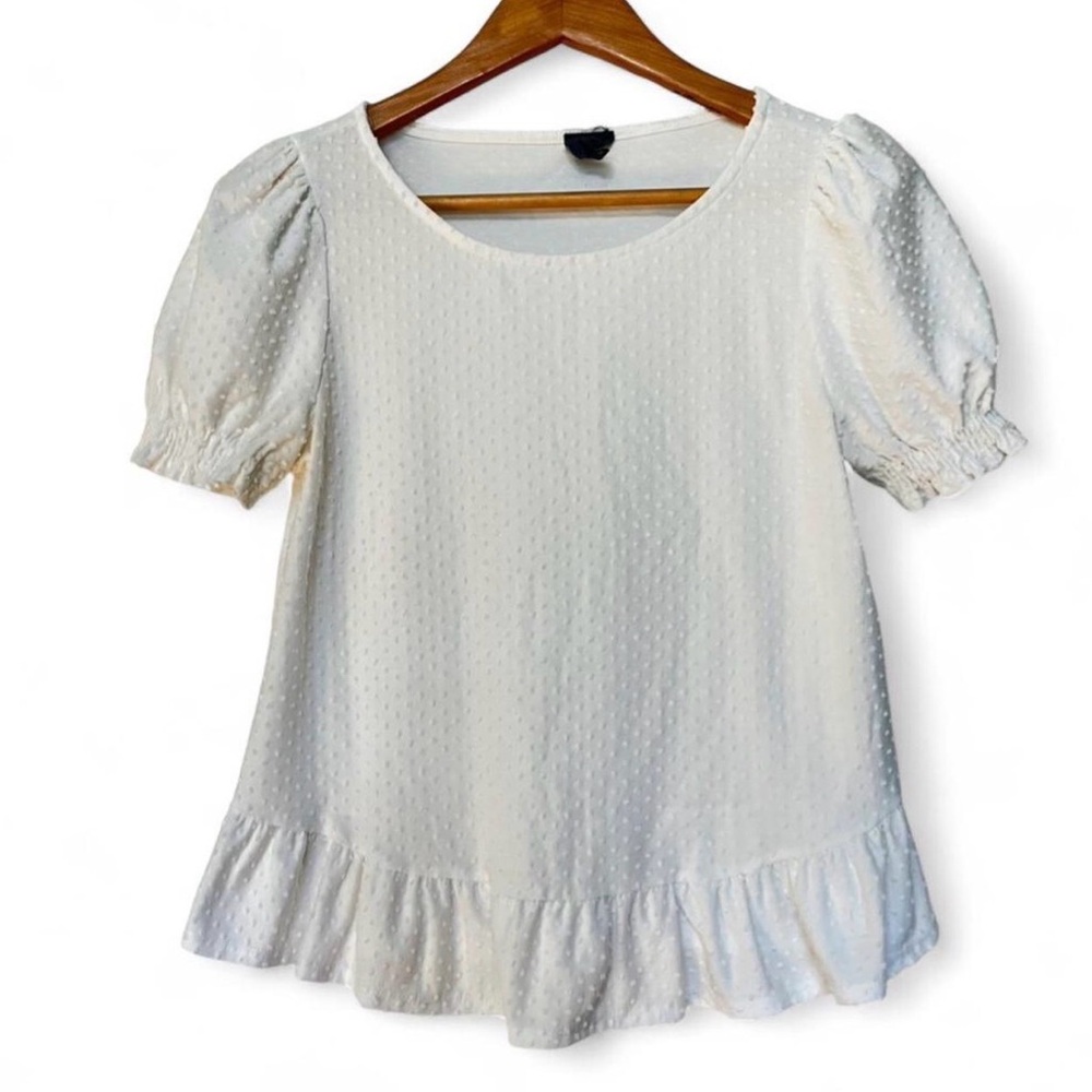 White short puff-sleeve eyelet ruffled-hem Cottagecore Romantic Boho top, Size S